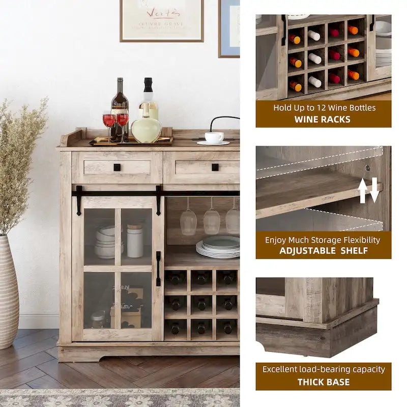 Buffet de 53 po avec portes de grange, casier à vin et rangement