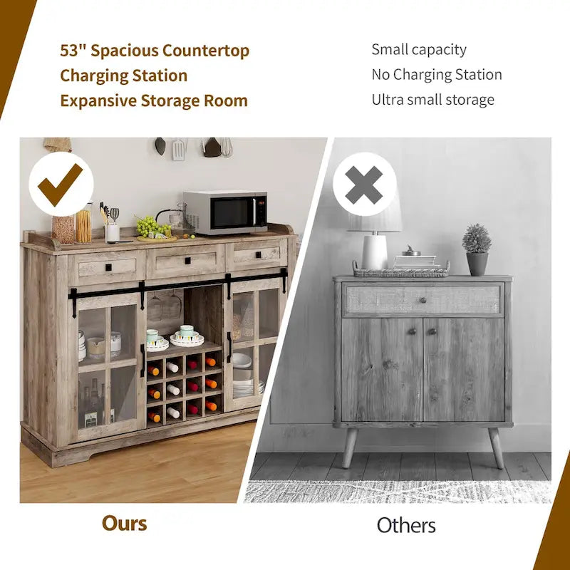 Buffet de 53 po avec portes de grange, casier à vin et rangement