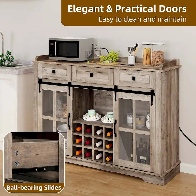 Buffet de 53 po avec portes de grange, casier à vin et rangement